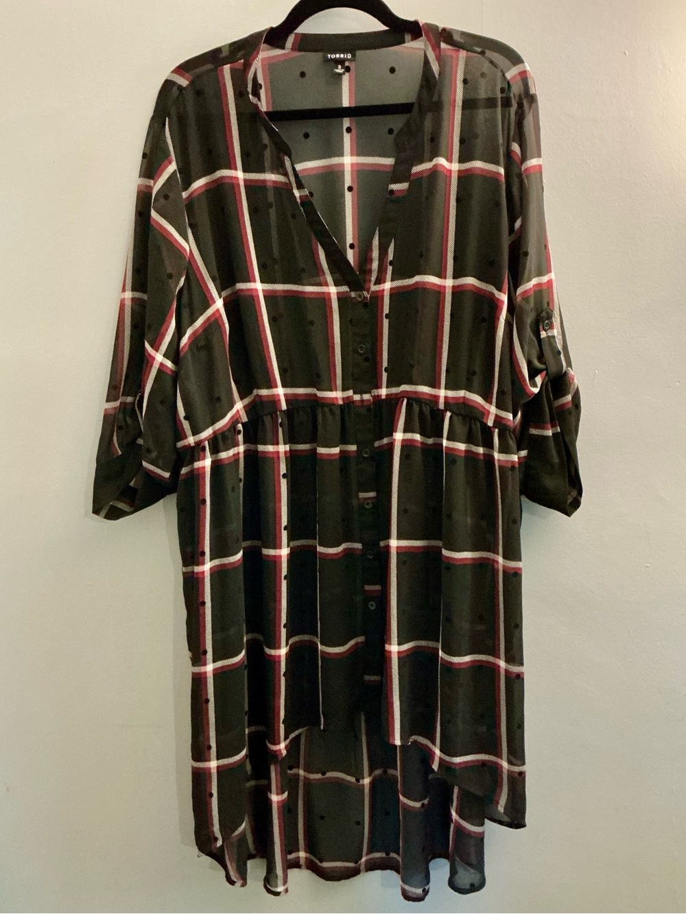 Torrid Lexie Plaid Swiss Dot Sheer Chiffon Tunic Blouse Size 3/3X High Low